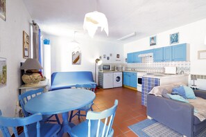 Um espaço compacto com área de refeições, sofá, máquina de lavar e cozinha compacta.