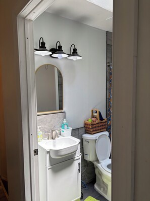 Shower, hair dryer, soap