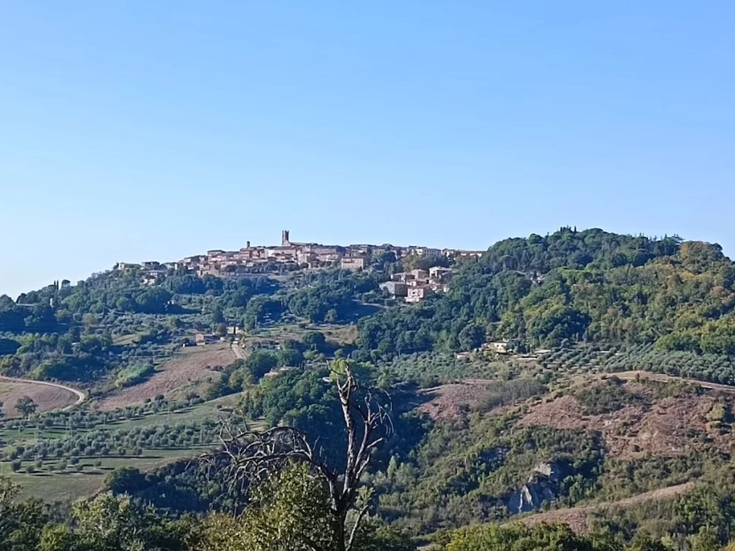 A hillside town with buildings spread across the slope, surrounded by greenery.