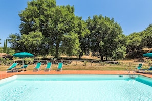 Ein Schwimmbecken mit Liegestühlen und Sonnenschirmen, umgeben von Bäumen.