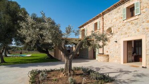 Un edificio de piedra con un árbol en el patio.
