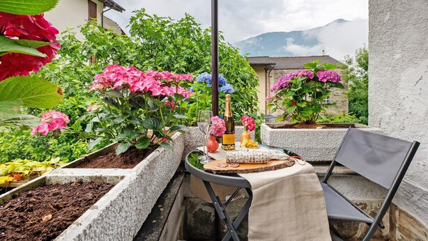A balcony with a table set for a meal, surrounded by potted plants and flowers.
