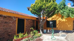 Un edificio con facciata in pietra e parete gialla, un albero al centro, e un giardino con diverse piante.