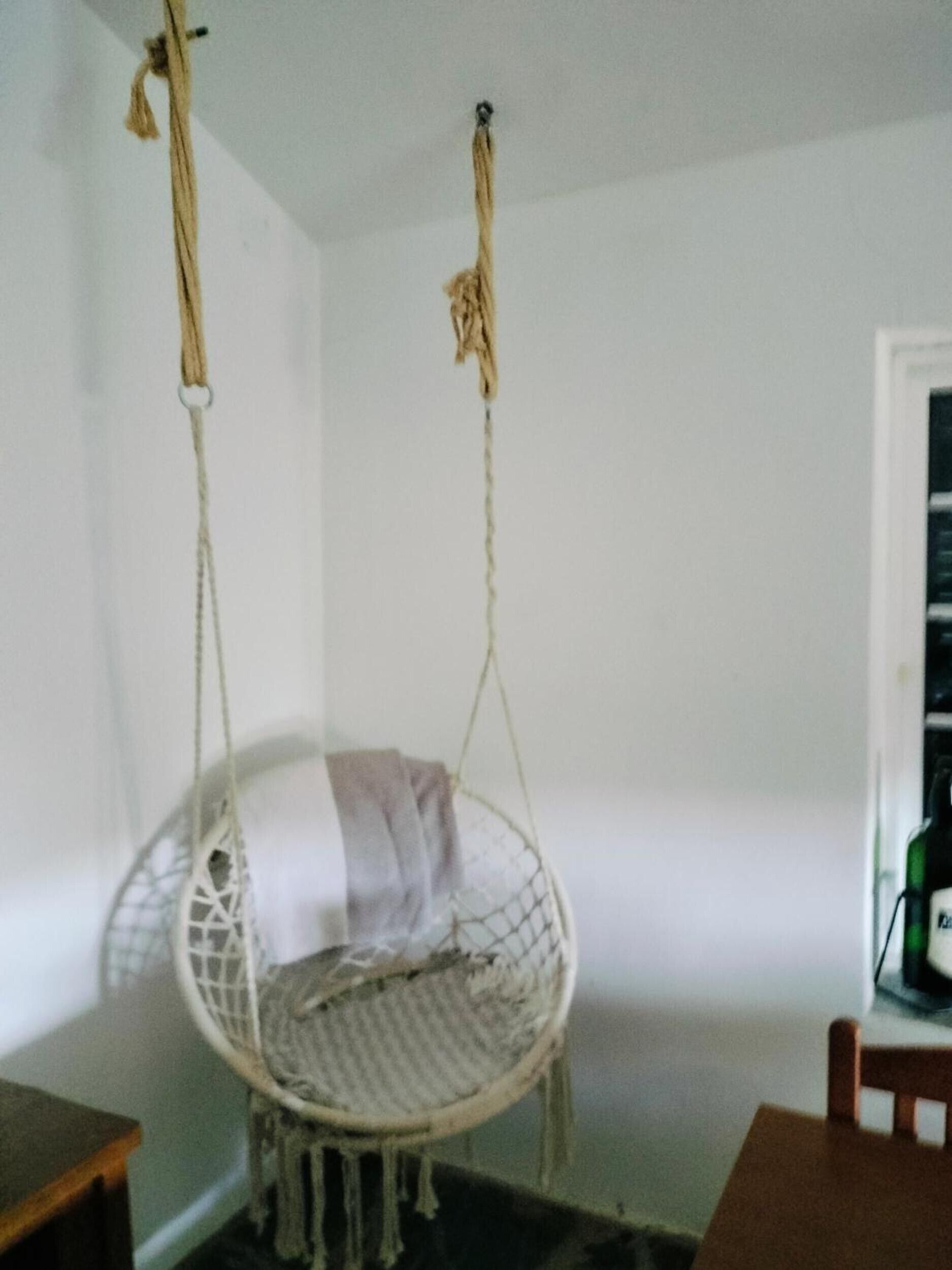 A room with a hanging chair, a wooden table, and a door.
