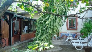 Une cour avec un bâtiment en briques, un arbre au feuillage dense et des chaises en plastique blanches.