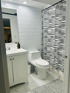 Shower, hair dryer, bidet, towels