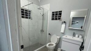 Un baño moderno con ducha de vidrio, inodoro, lavabo y espejo.