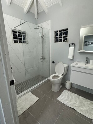 Douche, serviettes fournies, savon, papier toilette