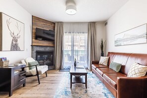 Smart TV, fireplace, DVD player, books