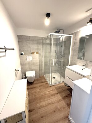 Shower, hair dryer, towels
