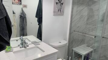 Hair dryer, towels, soap, toilet paper