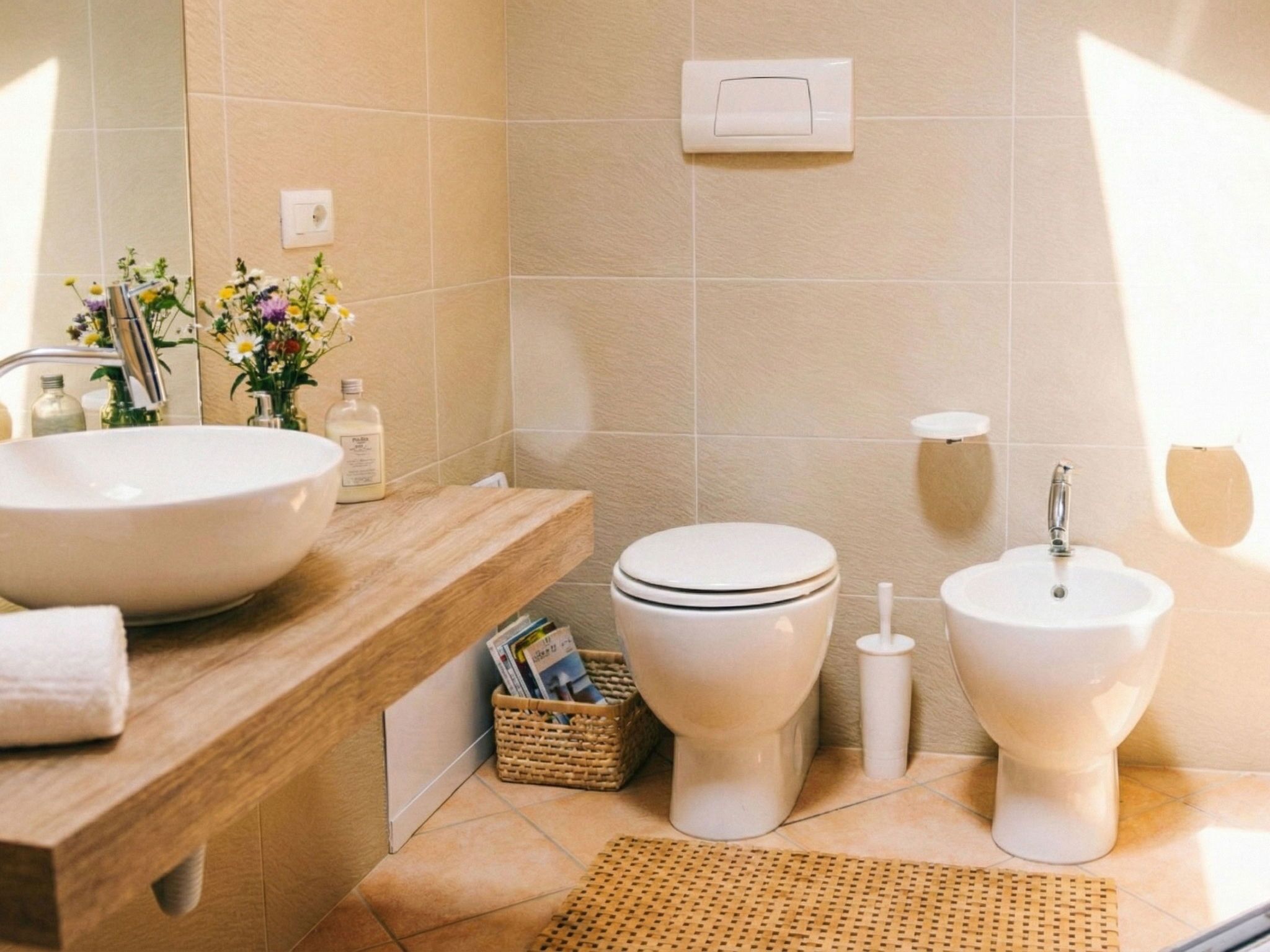 Un baño con tocador de madera, un lavabo grande, un inodoro y un bidé.