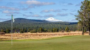 A golf course with a flag, a flagpole, and a mountain in the background.