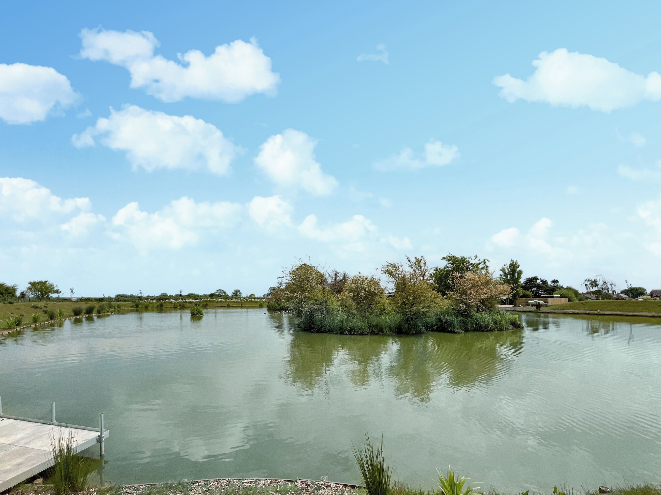 Ein ruhiger See mit einer hölzernen Anlegestelle, umgeben von üppiger Vegetation und Bäumen unter blauem Himmel.