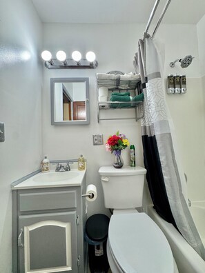 Un baño pequeño con inodoro, lavamanos, espejo y cortina de ducha.