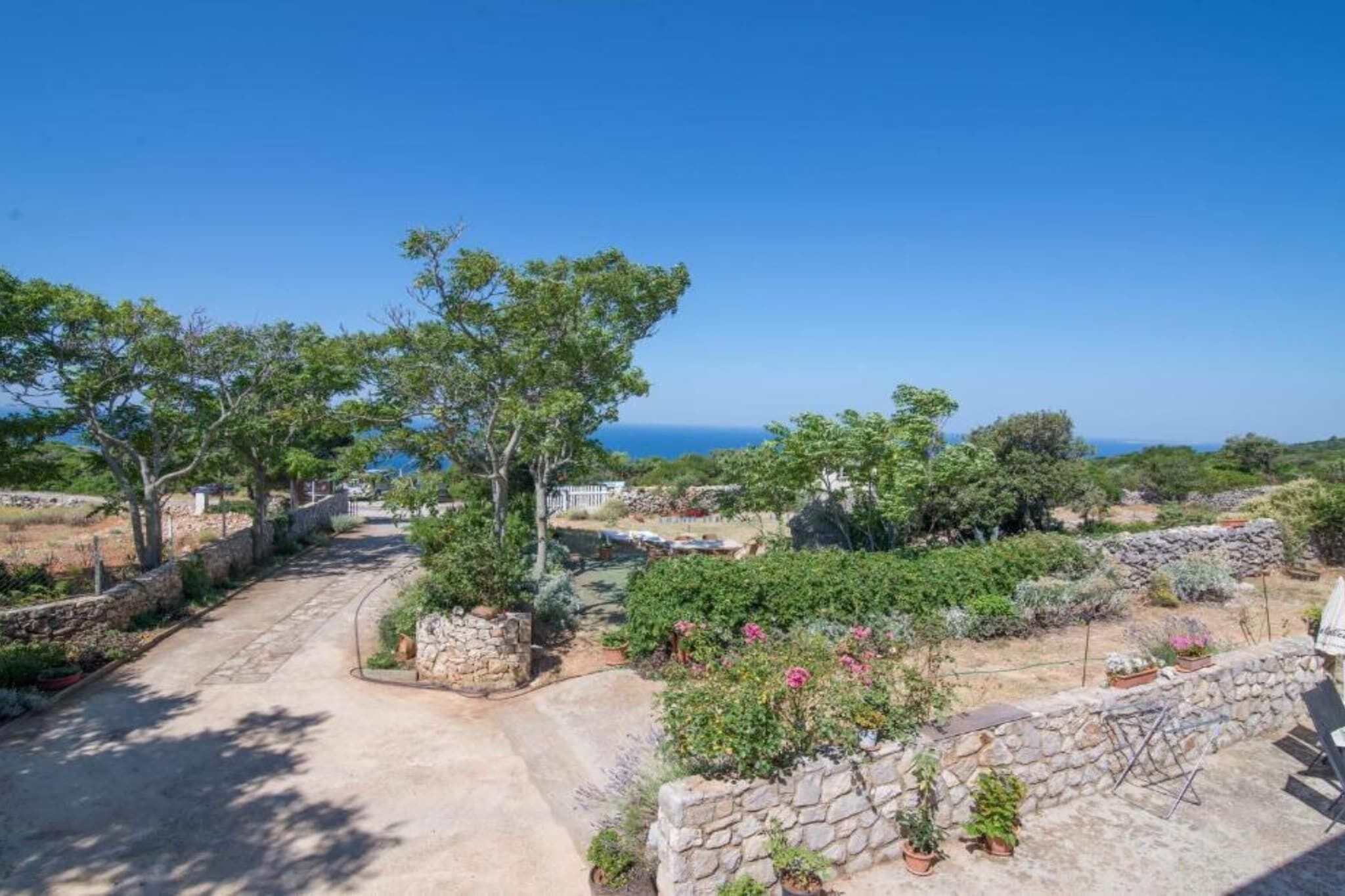 A garden with stone walls and various plants, a paved pathway, and a view of the sea.