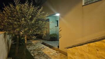 A stone pathway leading to a building entrance at night.