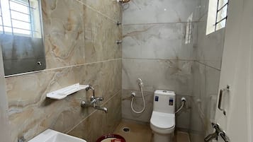 Shower, towels, soap, shampoo