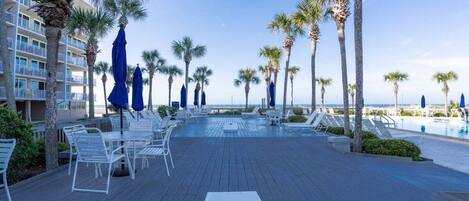 A resort pool area with lounge chairs and umbrellas, palm trees, and a view of the ocean.