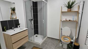 Hair dryer, towels, soap, toilet paper