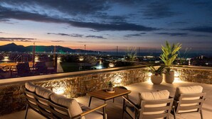 A rooftop terrace with outdoor seating, potted plants, and a view of a cityscape at dusk.