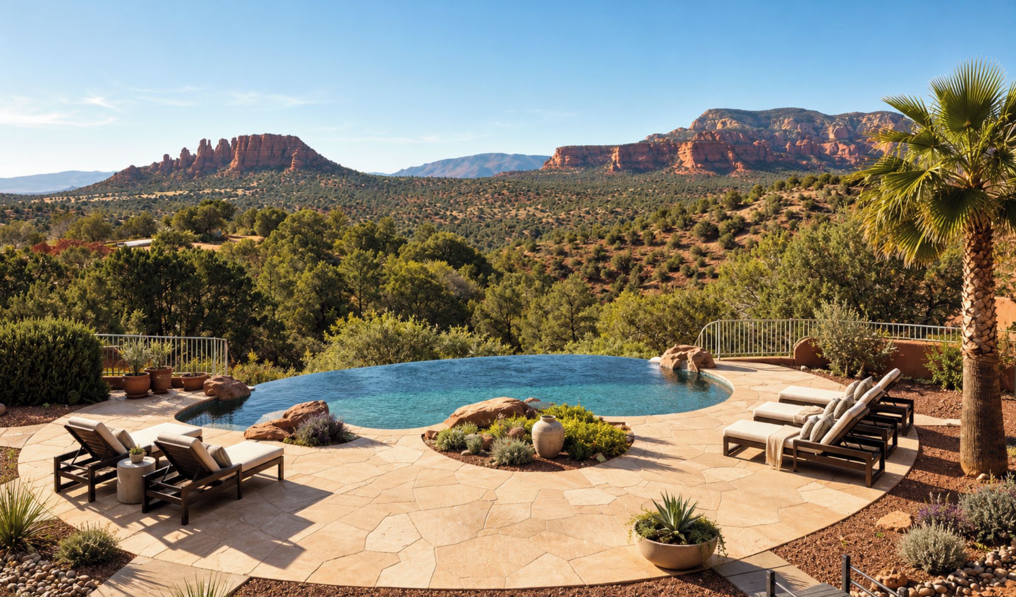 A pool with a view of red rock formations, surrounded by lounge chairs and potted plants.