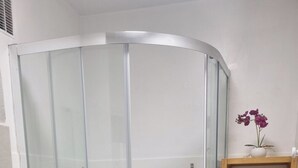 A corner bathroom with a glass shower enclosure, a white sink, and a wooden shelf with a vase.