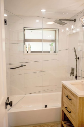Shower, hair dryer, shampoo