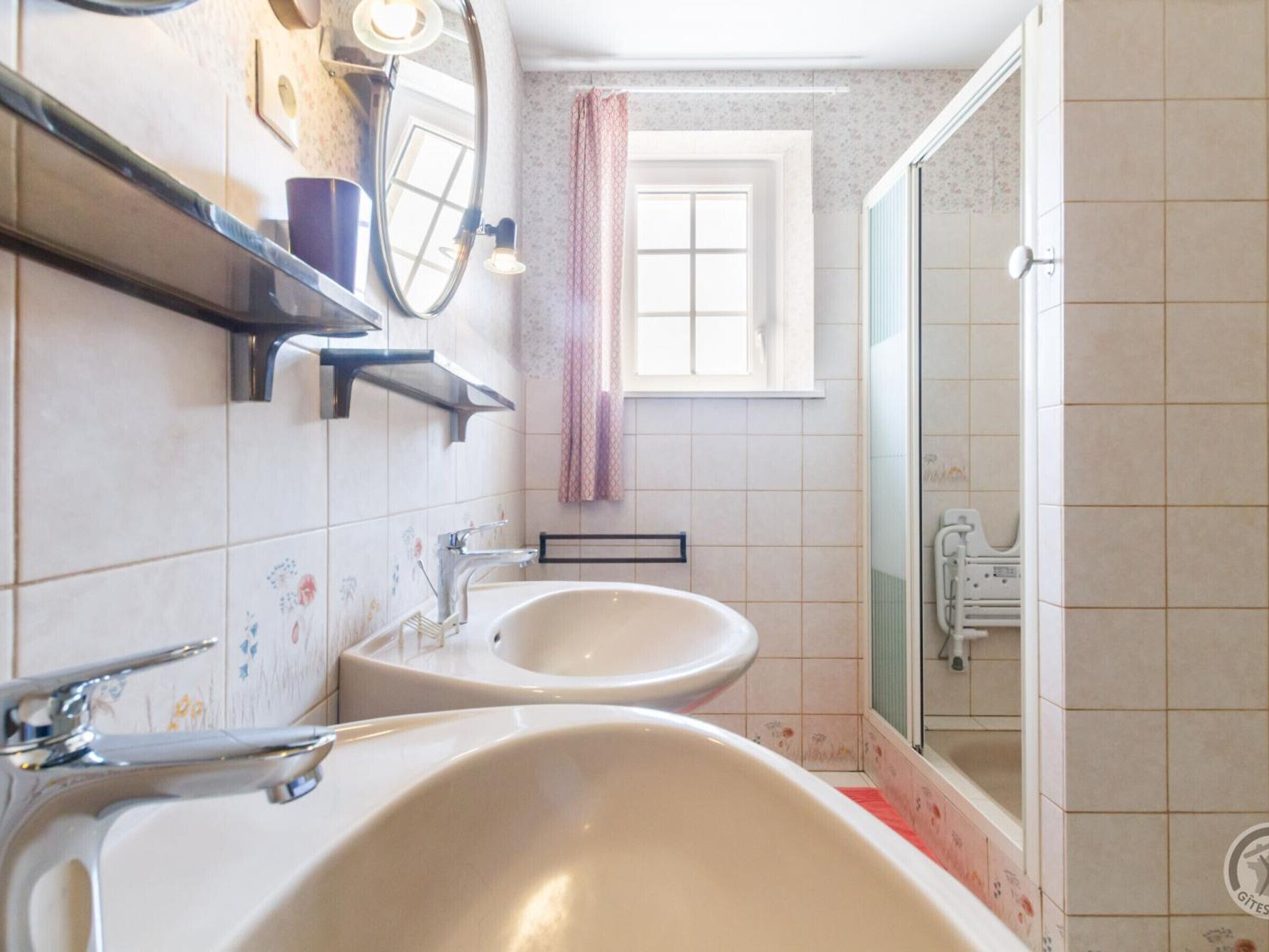 A bathroom with two sinks, a mirror, and a shower.