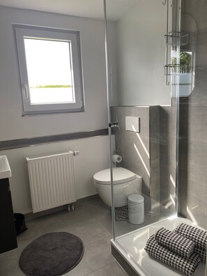 Shower, hair dryer, towels, soap