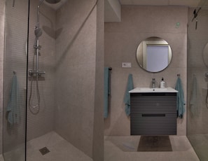 Shower, hair dryer, towels, toilet paper