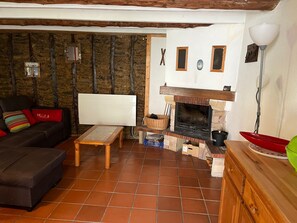 Een open haard, een dvd-speler, boeken en een filmbibliotheek