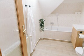 Hair dryer, towels, soap, toilet paper