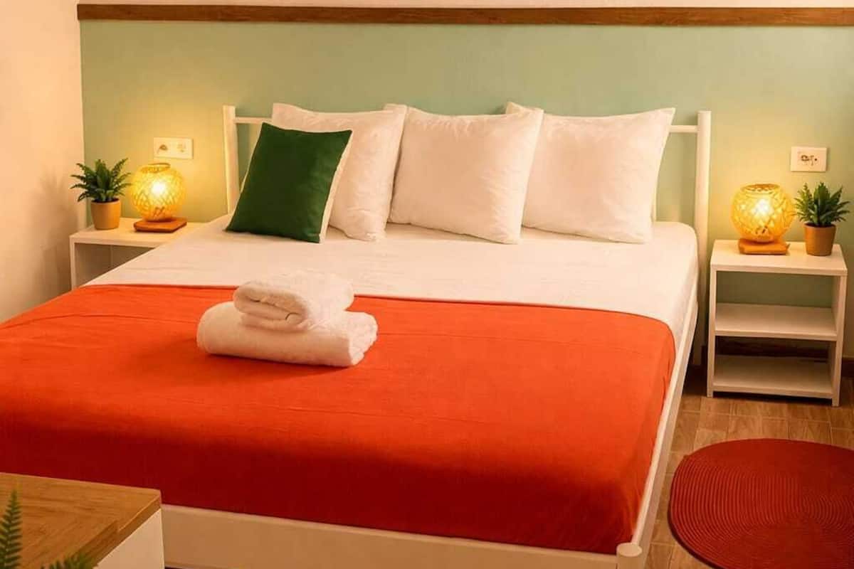 Ein ordentlich bezogenes Bett mit roter Bettdecke, weißen Kissen und einem grünen Zierkissen. Zwei Nachttische mit Lampen, ein kleiner runder Teppich und ein Blumentopf stehen auf dem Boden.