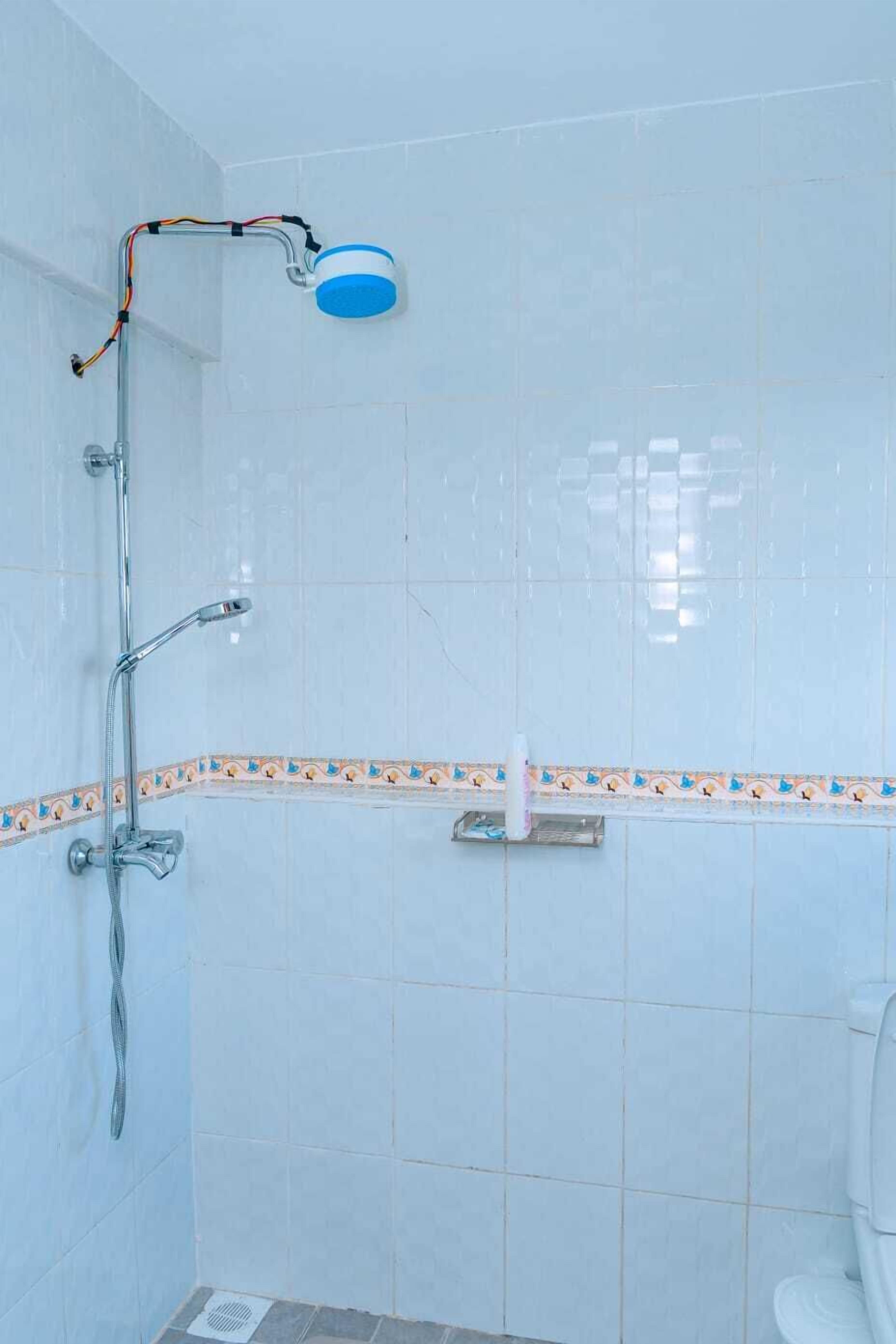 A bathroom with a shower, a toilet, and a tiled wall with a decorative border.