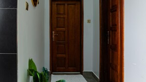 Un pasillo con una puerta de madera, un espejo y una planta en maceta.