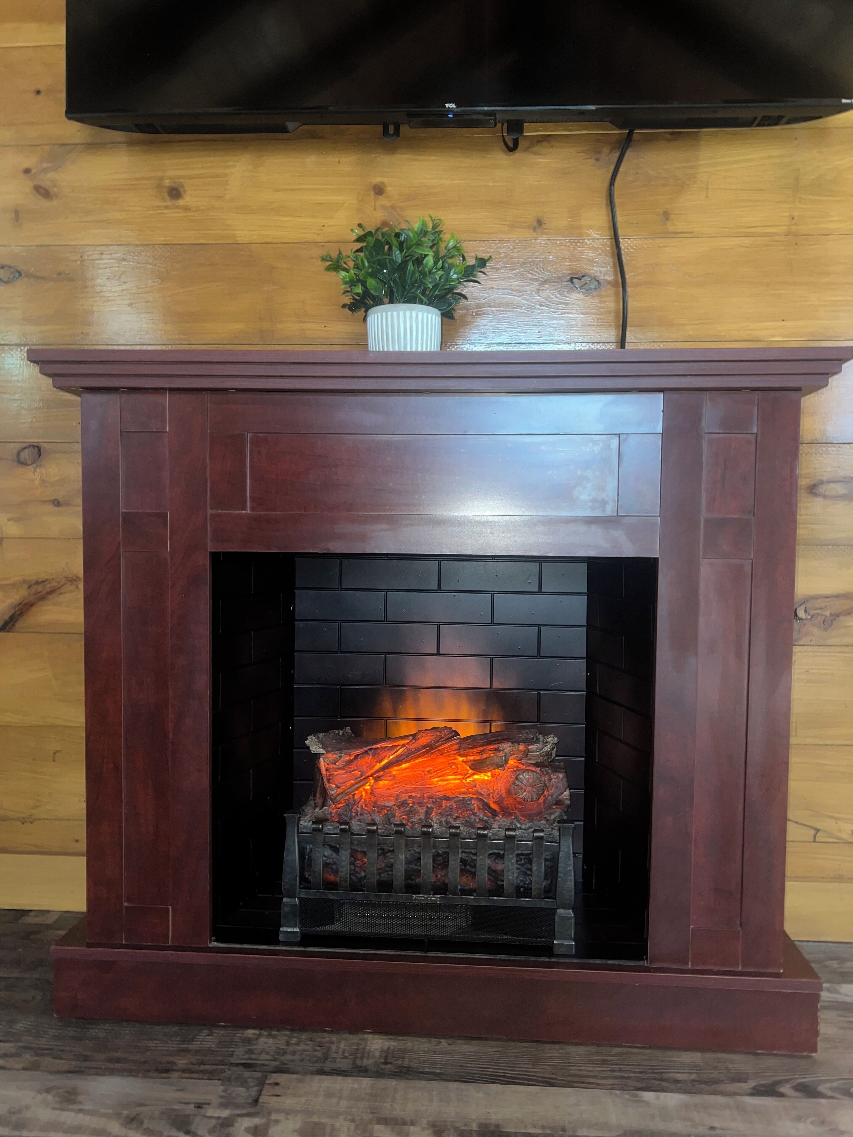 Ein Kamin mit brennendem Holzscheit, eine kleine Topfpflanze darauf und ein Flachbildfernseher darüber montiert.