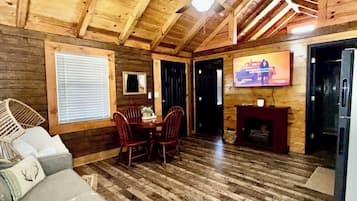 Smart TV, fireplace, books
