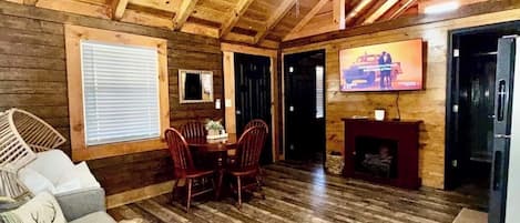 Smart TV, fireplace, books
