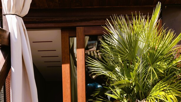 A wooden deck with a potted plant, a white curtain, and a metal railing. - La Serenissima: 2BR Castello Apartment, Private Roof Terrace, 3 min to San Marco (Venezia)