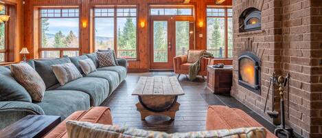 Smart TV, fireplace, books