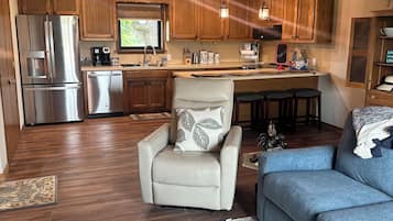 Smart TV, fireplace, books