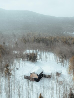A cabin surrounded by a forest with snow-covered ground.