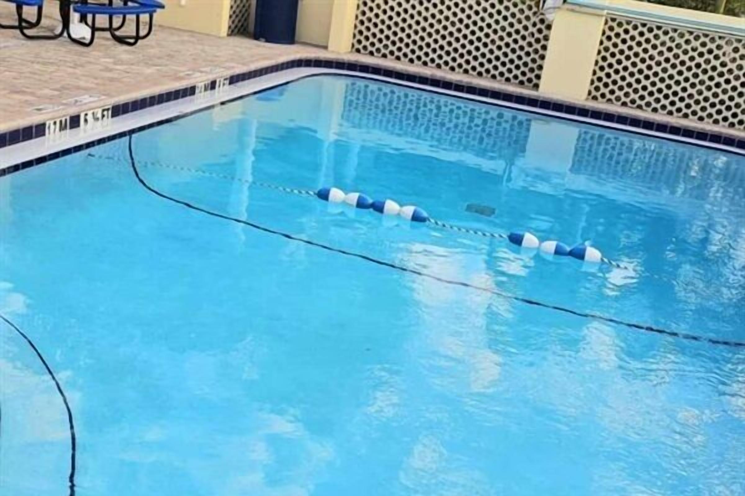 A swimming pool with lane dividers and a tiled edge.