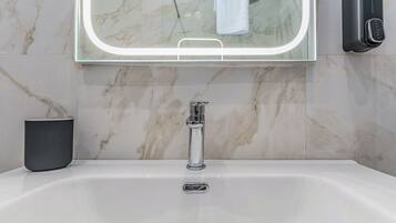 Shower, hair dryer, bidet, towels
