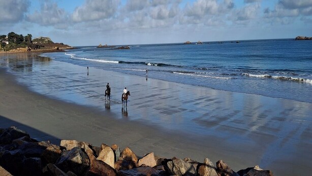 Una playa con caballos y jinetes, costa rocosa y mar tranquilo.