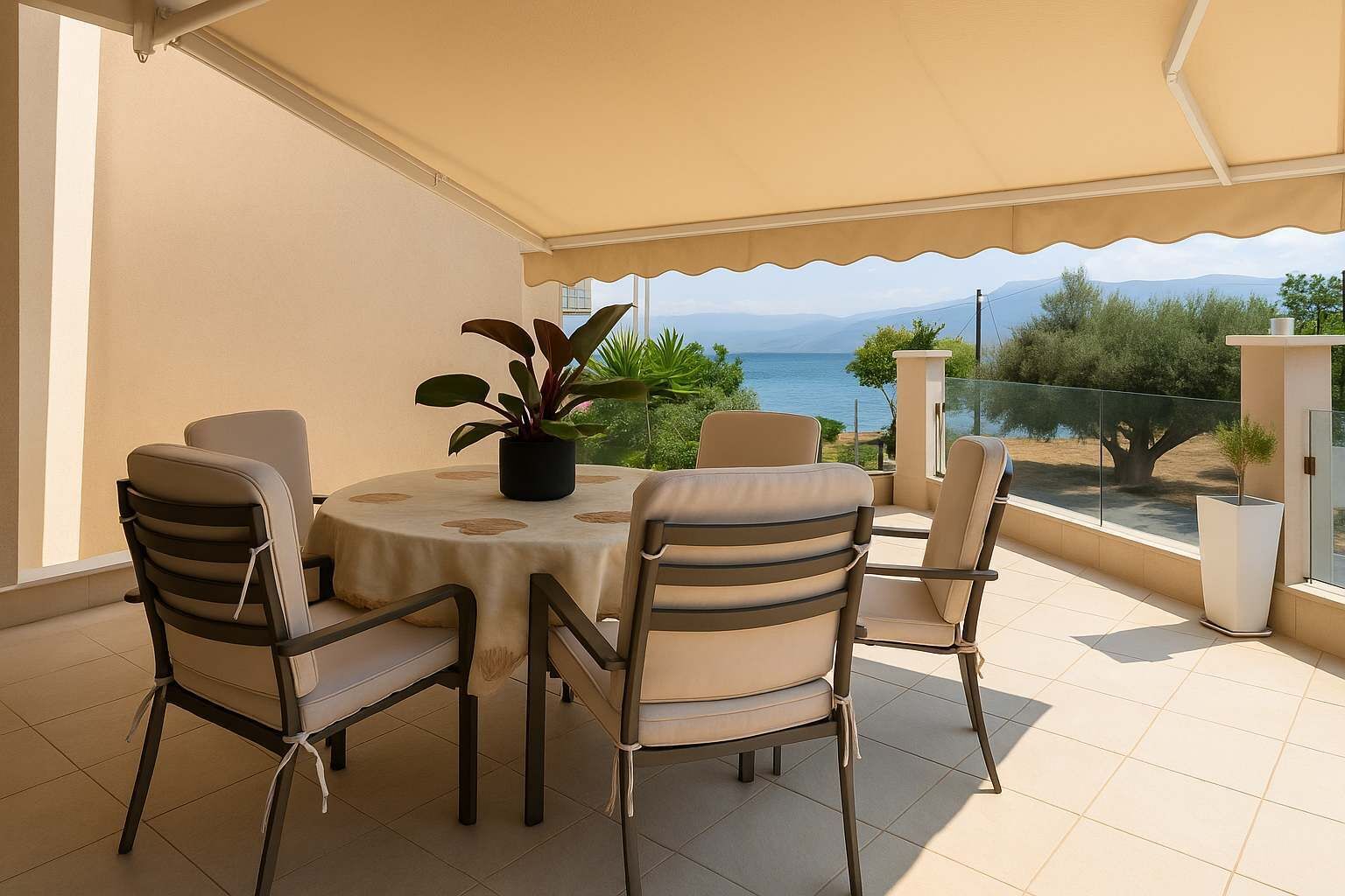Shaded outdoor dining with sea views