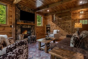 Smart TV, chimenea, libros