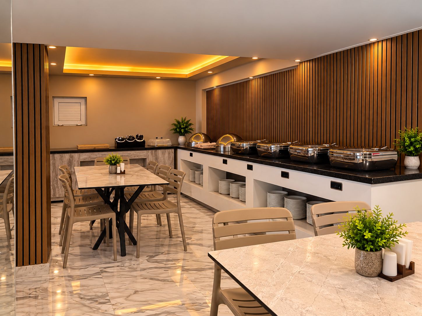 A modern dining area with a marble floor, wooden paneling on the walls, and a buffet setup with various food containers.