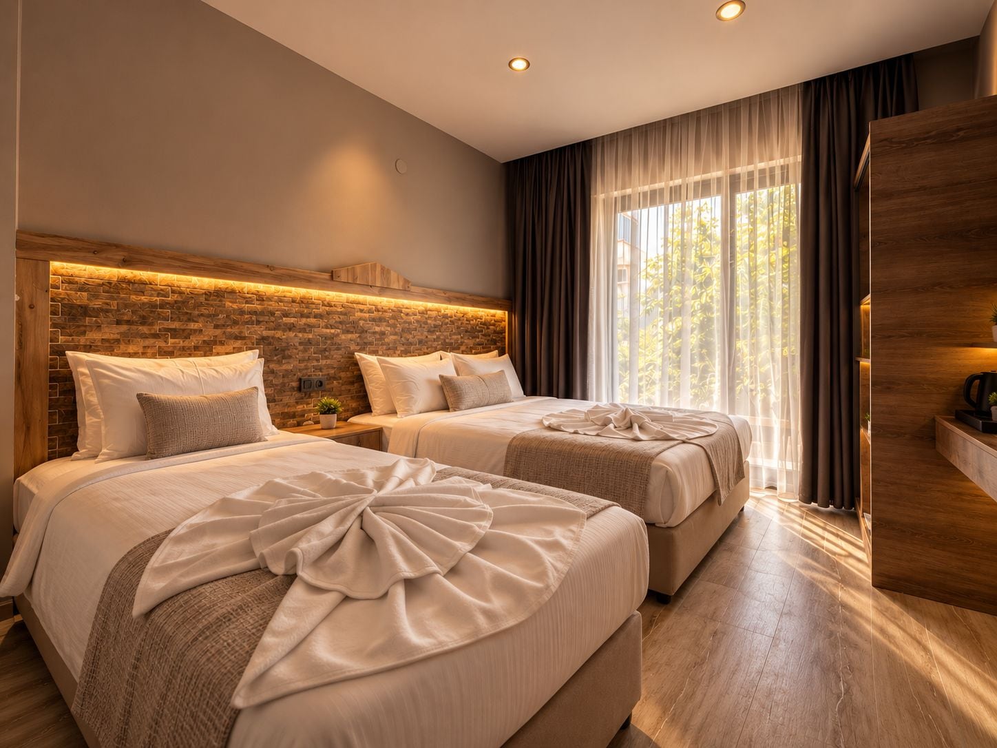 Una habitación de hotel moderna con dos camas, un cabecero con estampado de ladrillo, un ventanal con cortinas translúcidas y suelo de madera.